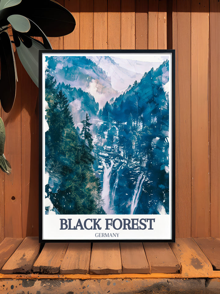 Enhance your home with a stunning depiction of Triberg Waterfalls, Baden Wurttemberg featured in this Germany Forest Print perfect for Black Forest decor and a thoughtful gift for anyone who loves nature inspired art and the serene beauty of the Schwarzwald region
