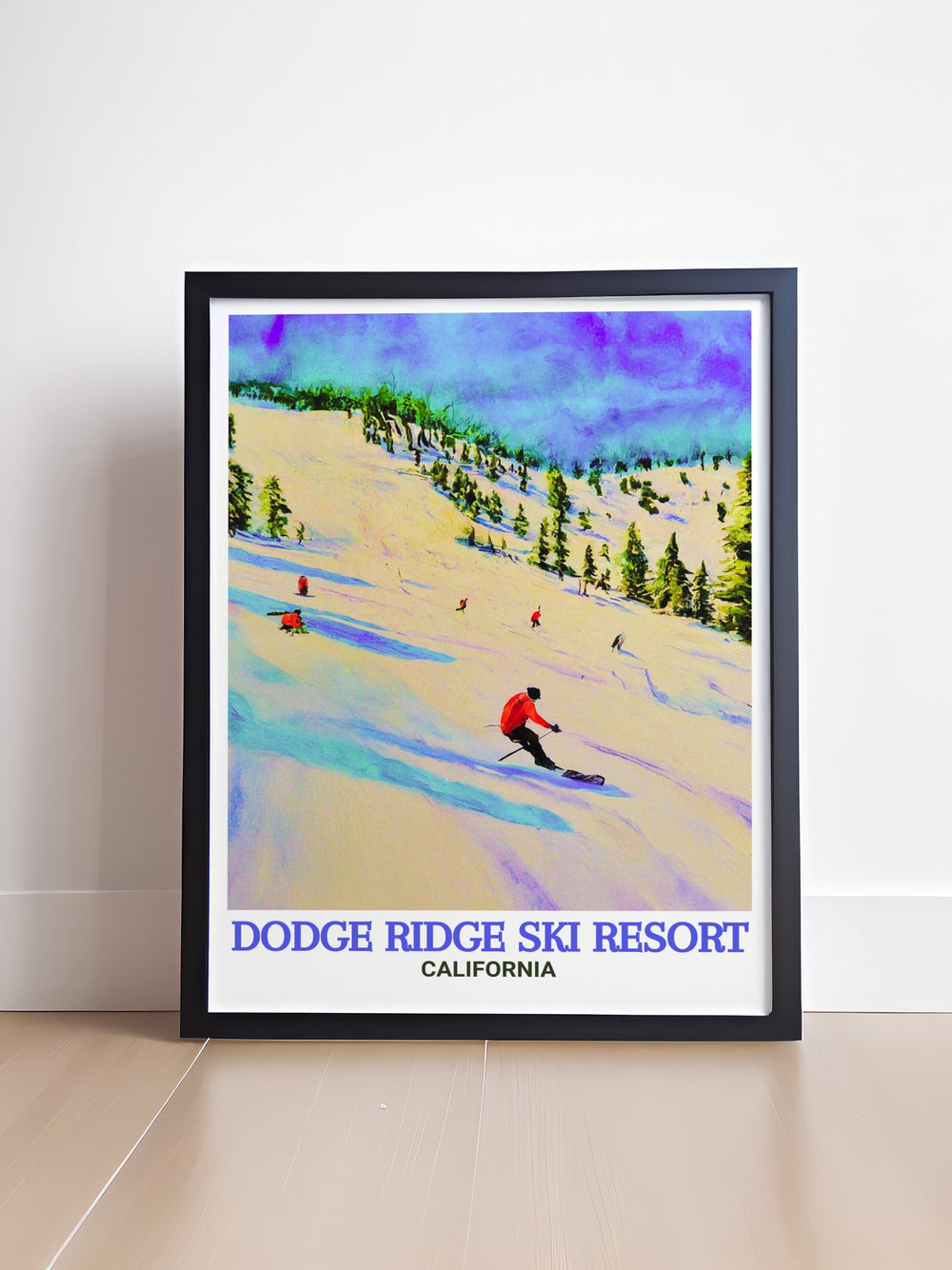 Bucket list print of Dodge Ridge Ski Resort showcasing the breathtaking views and diverse terrain of this top winter sports destination. This artwork is perfect for ski enthusiasts and travelers looking to add a piece of Dodge Ridge to their collection.