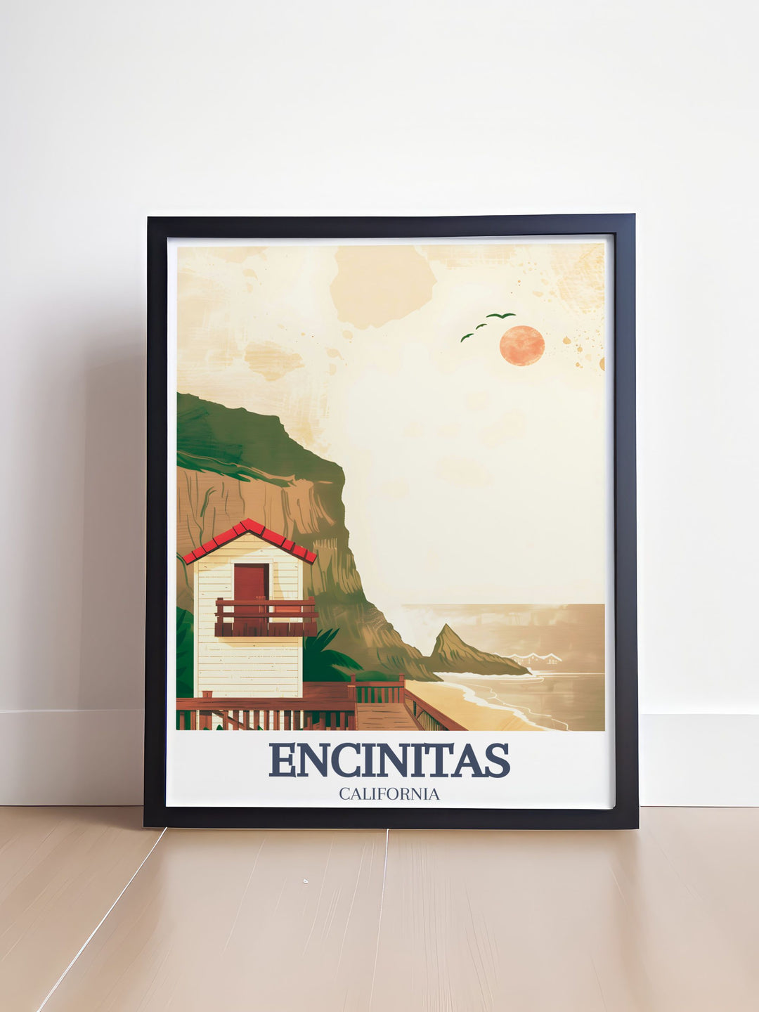 Stunning Encinitas poster showcasing Moonlight Beach, Swamis Surf Spot ideal for wall art and home decor this vintage print adds a touch of California coastal allure with its beautiful color palette and detailed city map