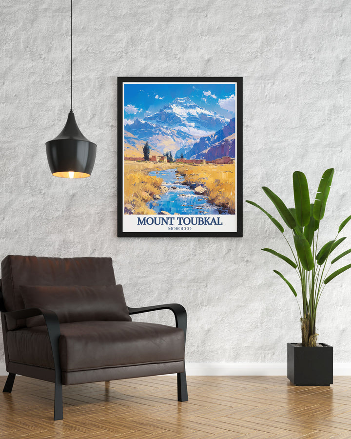 High Atlas mountains poster featuring intricate details and vibrant colors of North Africas majestic landscapes ideal for home decor or as a unique gift for those who love trekking and exploration.