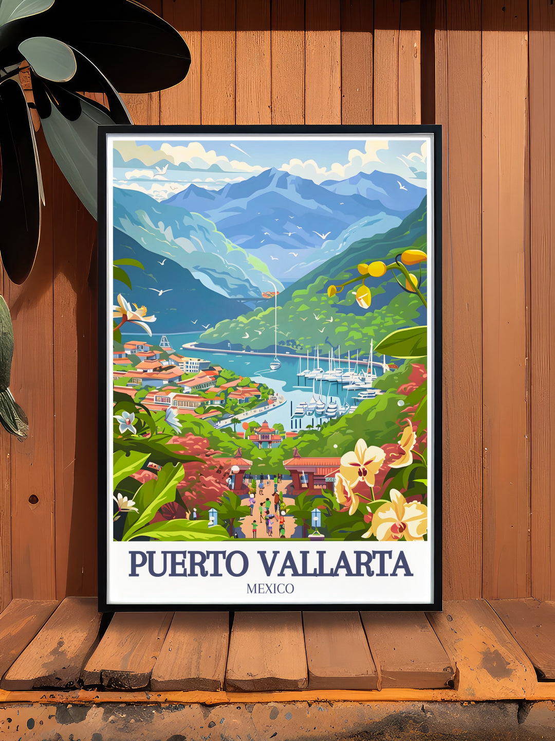 Puebla Art Print featuring intricate city maps and vibrant street scenes paired with Vallarta Botanical Gardens Puerto Vallarta Marina stunning living room decor