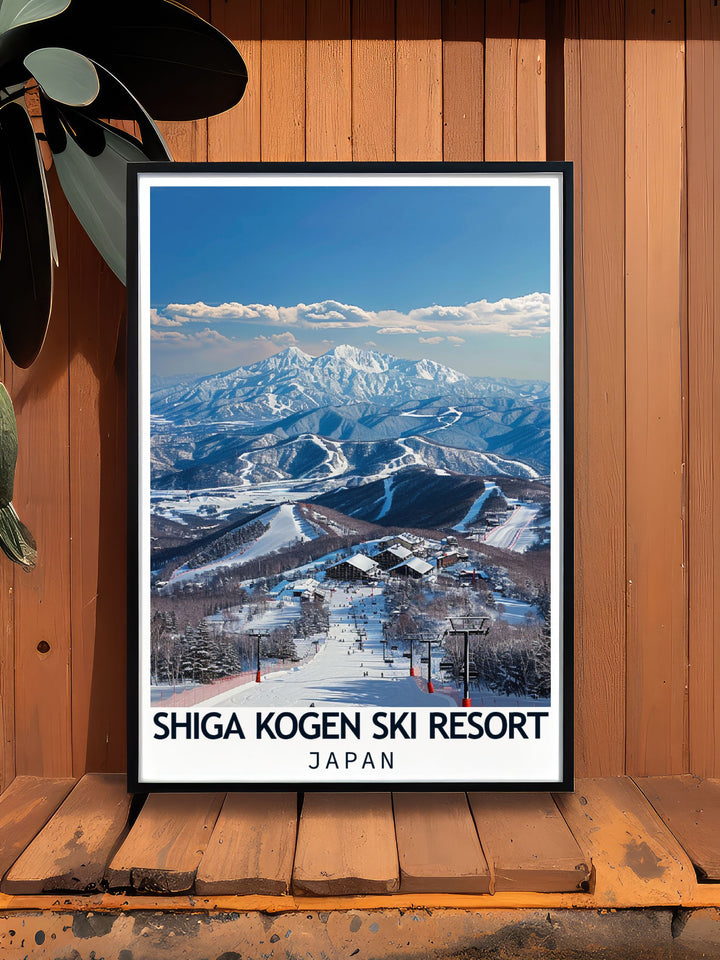 Shiga Kogen and the Japanese Alps are vividly depicted in this travel poster, celebrating the iconic ski resort and the breathtaking mountain scenery of Nagano, Japan, perfect for winter sports lovers.