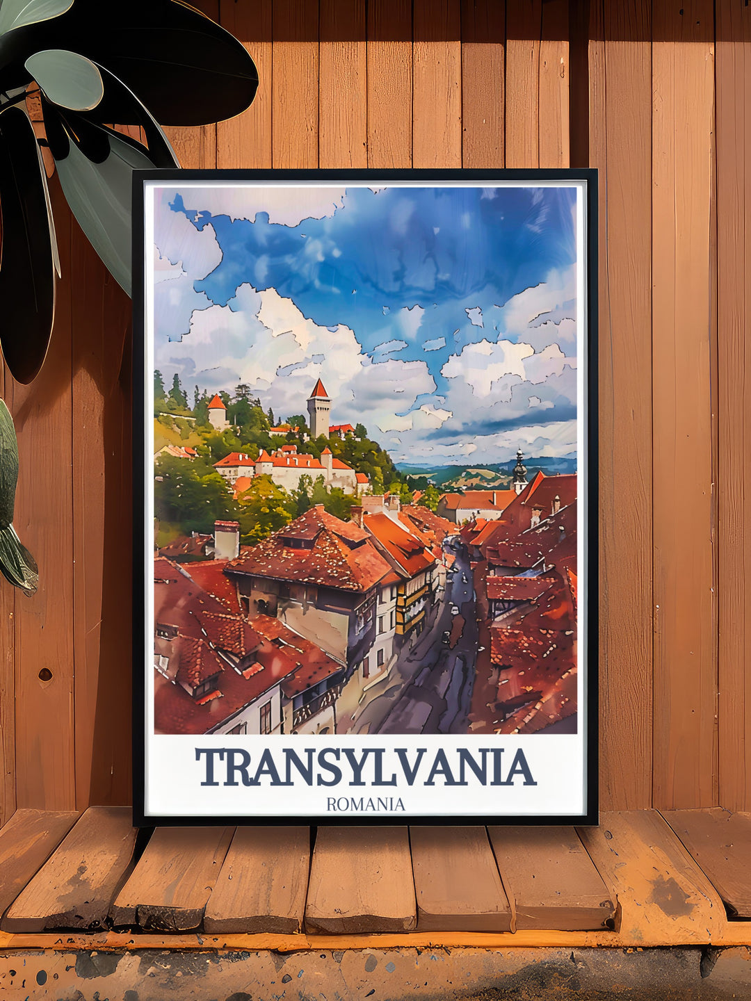 This Transylvania travel poster showcases two of Romanias most iconic landmarks Corvin Castle and Sighișoara Citadel. Perfect for those who appreciate Romanian history and culture, this framed artwork offers a glimpse into the heart of Transylvania.