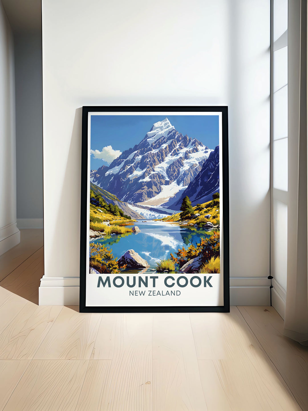 Hooker Valley Track travel poster showcasing the stunning natural beauty of New Zealands South Island featuring vibrant colors and intricate details perfect for adding a touch of adventure and elegance to your home decor ideal for lovers of vintage travel prints and national park artwork