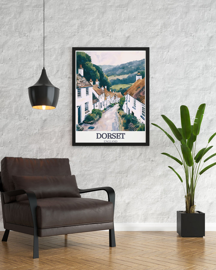 The serene beauty of Shaftesbury and its iconic Gold Hill are beautifully illustrated in this travel poster, capturing the essence of a timeless English village.