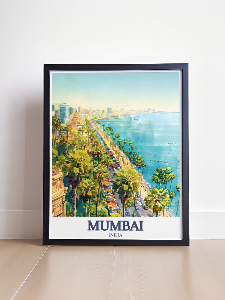 Explore the vibrant life of Mumbai with this Marine Drive Travel Print, featuring the scenic promenade and the bustling Netaji Subhash Chandra Bose Road. This artwork is a perfect gift for travel enthusiasts and those who love the energy of urban landscapes.