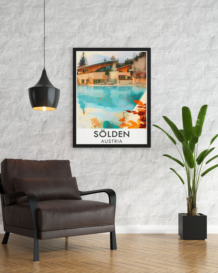 The Aqua Dome and Solden Ski Resort are depicted in this travel poster, showcasing the natural beauty and thrilling experiences that make Solden a top destination for both adventure and relaxation.