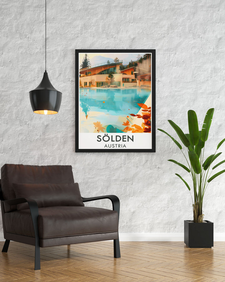 This Solden Snowboarding Poster Print showcases the thrill of snowboarding in the Austrian Alps. With vivid colors and detailed imagery, it brings the excitement of Solden Ski Resort to life. The perfect piece of décor for any snowboarding enthusiast or adventure lover, this poster adds a dynamic touch to any space.