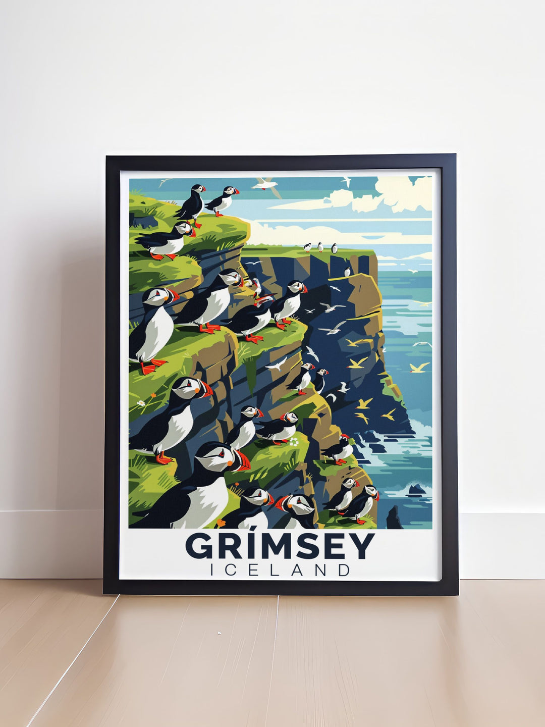 This travel poster features the Grímsey Lighthouse standing tall against the rugged landscape, offering a glimpse into the islands maritime history and natural charm.