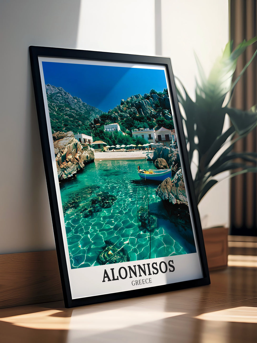 Alonnisos vintage poster celebrating the timeless beauty of Vrissi beach and the towering cliffs of Sfakia. This travel art is ideal for those who appreciate the serene yet powerful landscapes of Greeces islands.