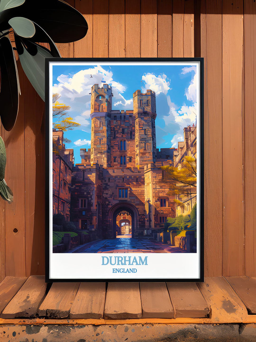 The serene beauty of Durham and its iconic castle are beautifully illustrated in this travel poster, capturing the essence of a timeless English city.