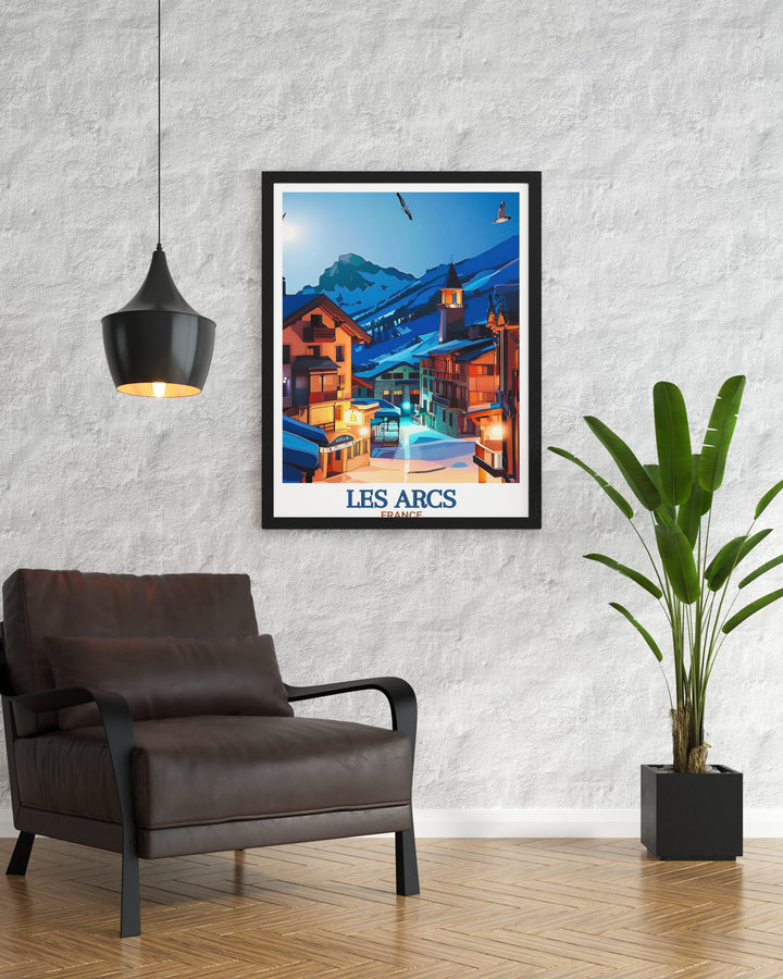 The "Les Arcs Poster Print" features a dynamic depiction of snowboarding in the French Alps, with the beautiful Les Arcs 1950 Village serving as the backdrop. This travel print captures the action and energy of the slopes, making it an ideal piece for snow sports lovers and adventurers alike.