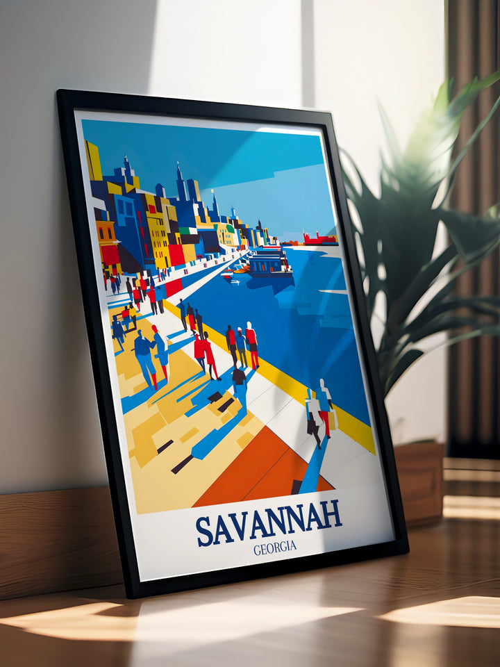 Modern art print of Forsyth Park and Savannah Historic District River Street ideal for adding a touch of sophistication to your living space with stunning depictions of Savannahs rich history and vibrant culture