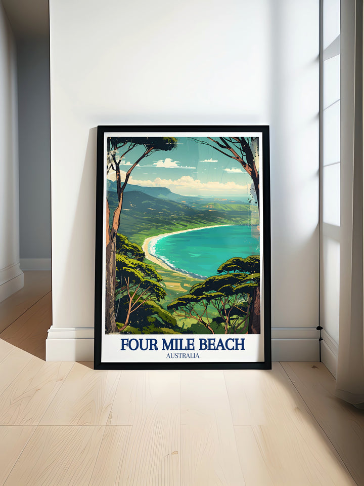 Four Mile Beach framed art presents the peaceful, sweeping view of one of Australias premier beach destinations. With the rainforest as a backdrop, this vintage poster adds a touch of tropical tranquility to your home.