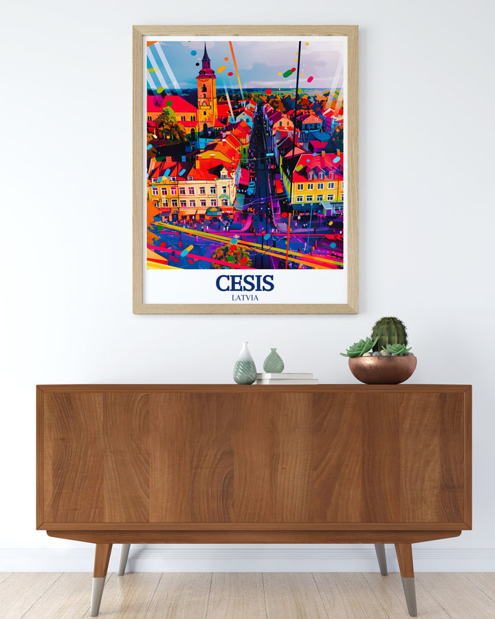 Latvia travel poster highlighting the picturesque Cēsis Old Town and the iconic St. Johns Church. This print is an excellent choice for anyone looking to bring a piece of Latvian history and culture into their living space.