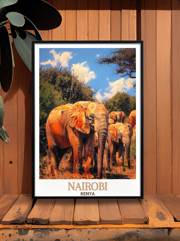 Beautiful Nairobi poster capturing the essence of Kenyas capital city with colorful markets and urban landscapes includes art pieces from the David Sheldrick Wildlife Trust