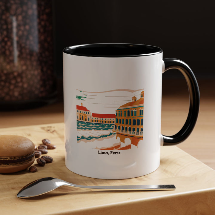 A ceramic Lima Peru Mug featuring bold and vibrant artwork inspired by Lima’s scenic landmarks and Peruvian culture. Dishwasher safe, this mug is perfect for everyday use or as a meaningful souvenir.