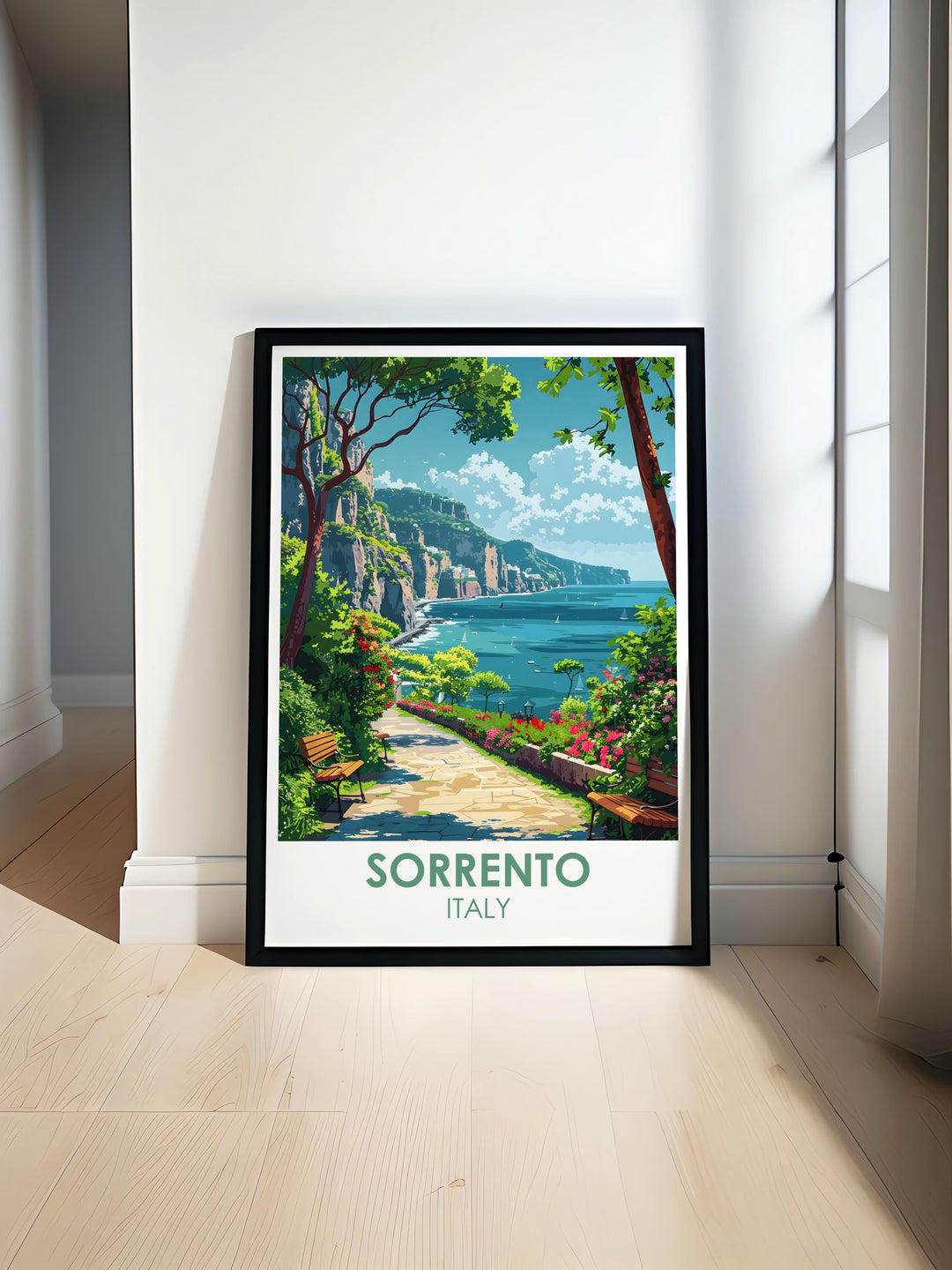Sorrento travel poster featuring Villa Comunale Park with its lush greenery and panoramic views of the Bay of Naples perfect for adding Italian charm to any space. Detailed Italy print capturing the serene beauty of Sorrento Italy ideal for home decor and travel enthusiasts.