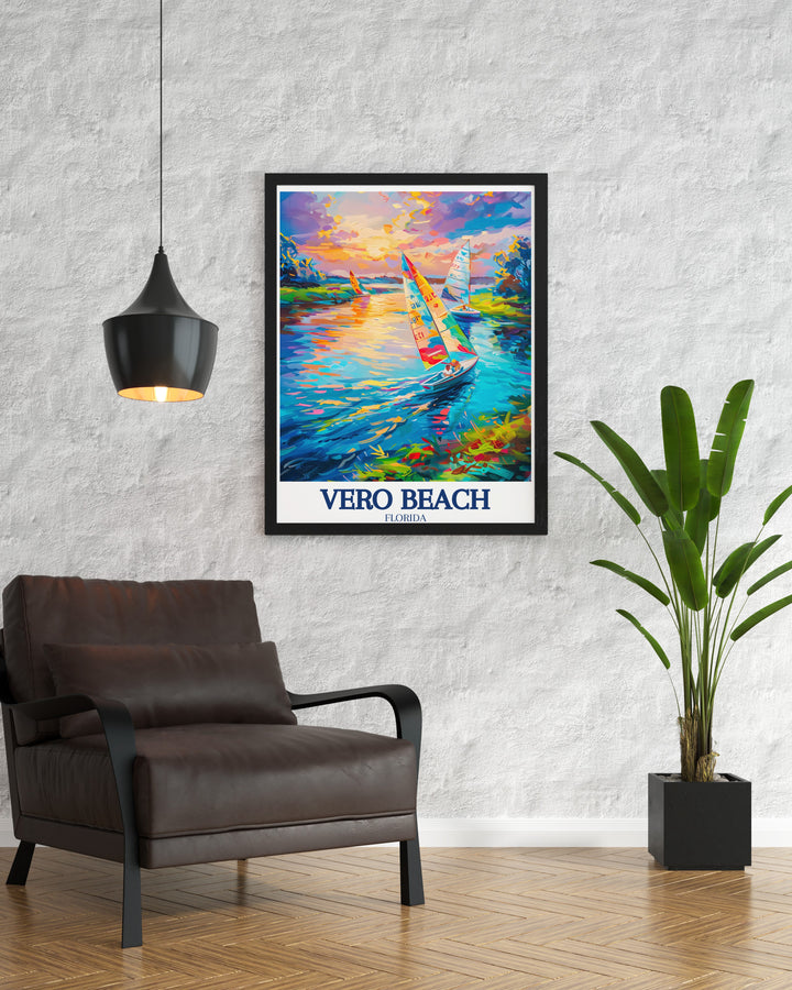 Indian River travel poster captures the scenic views and peaceful waters of Floridas coastal region. Ideal for beach and nature lovers, this artwork is a perfect addition to any home looking to celebrate the natural beauty of Floridas landscapes.