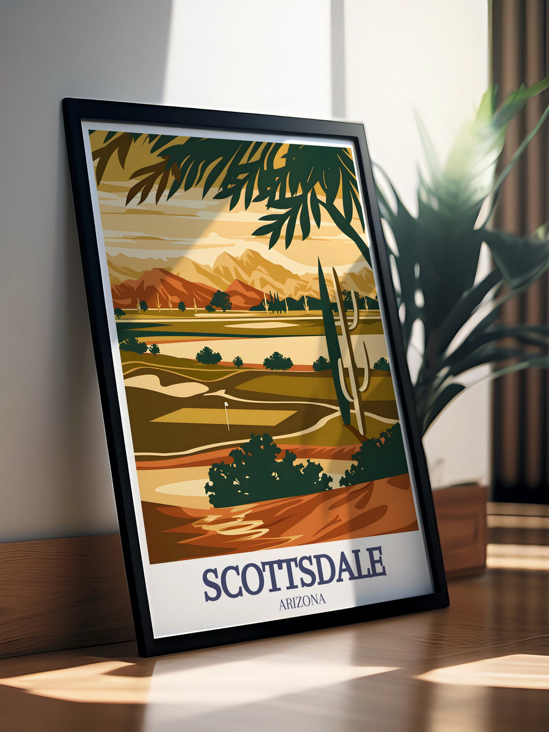 Decorate your space with the warmth of Scottsdales desert landscapes through this Scottsdale Art Print, featuring iconic landmarks like Talking Stick Golf Club and Talking Stick Way. Ideal for travelers and lovers of Arizonas natural beauty.