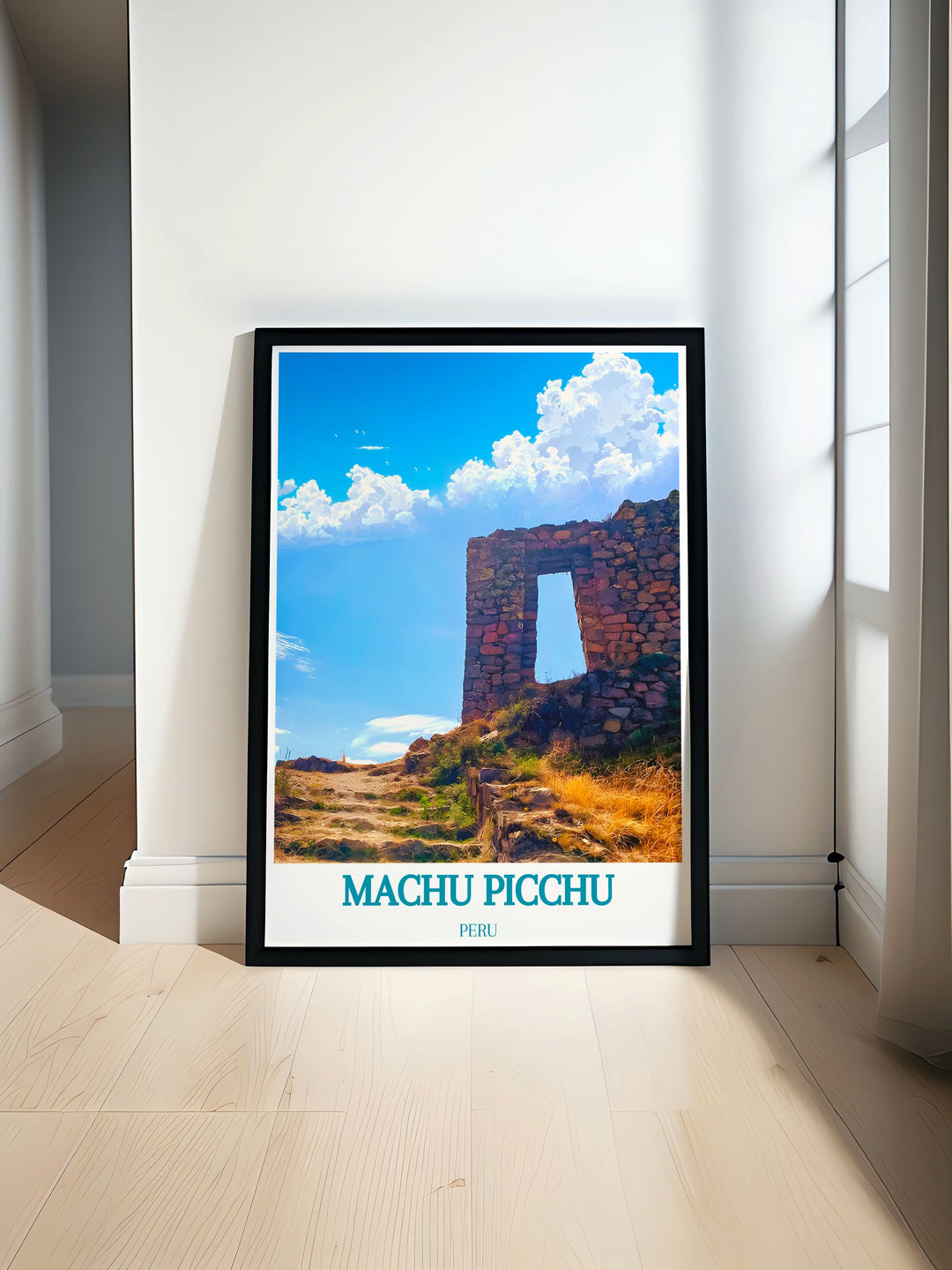 Machu Picchu travel print featuring The Sun Gate Intipunku offers a minimalist design that brings the ancient Incan ruins into your home decor. This travel poster is ideal for those who appreciate cultural depth and historical significance adding a touch of Perus mystique to any space with stunning prints that capture the beauty of one of the worlds most legendary sites.