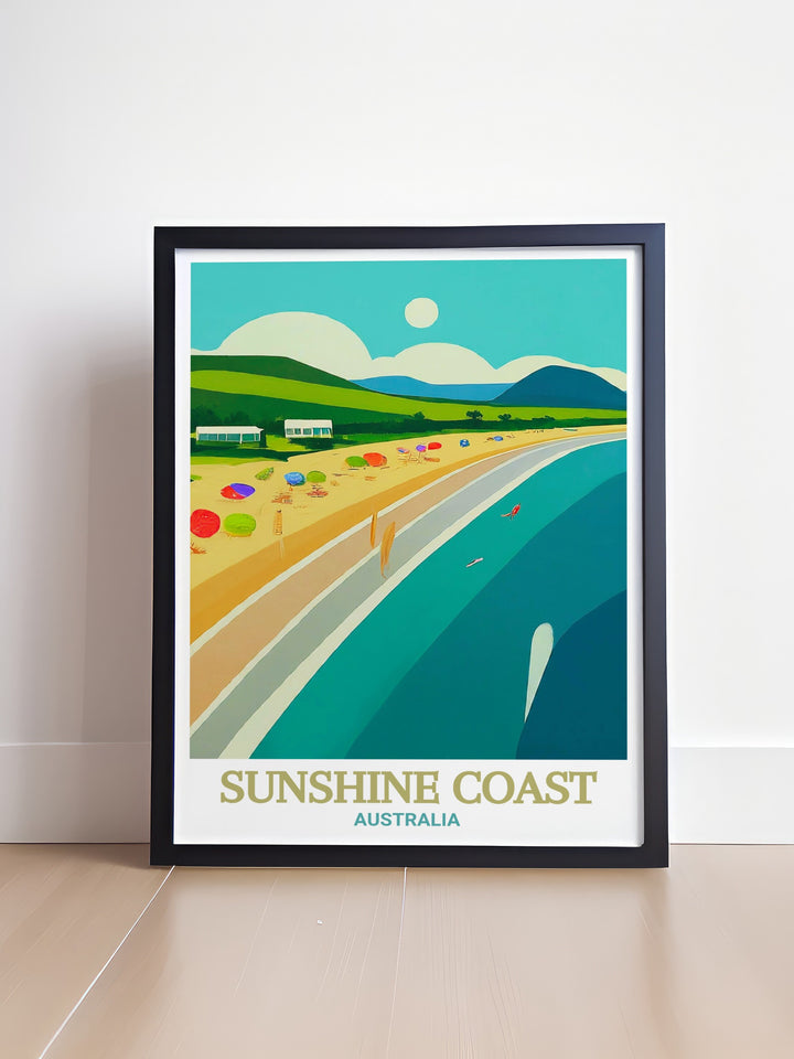 A captivating Sunshine Coast travel print featuring Mooloolaba Beach. This detailed artwork brings the iconic Australian coastline to life, offering a perfect addition to your wall art collection or as a thoughtful travel gift for a loved one.