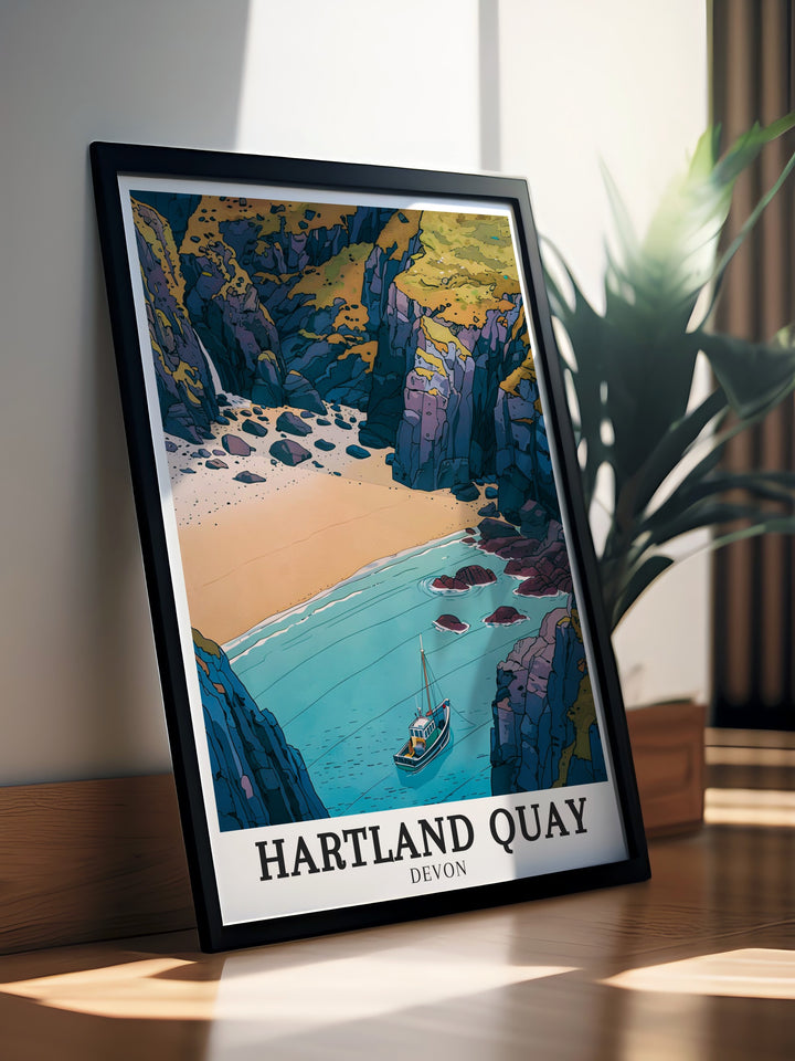 South Devon travel poster offering a detailed view of the peaceful countryside and coastal views that make this region a favorite for nature lovers. This wall print is ideal for creating a relaxing and serene environment in your home or office.