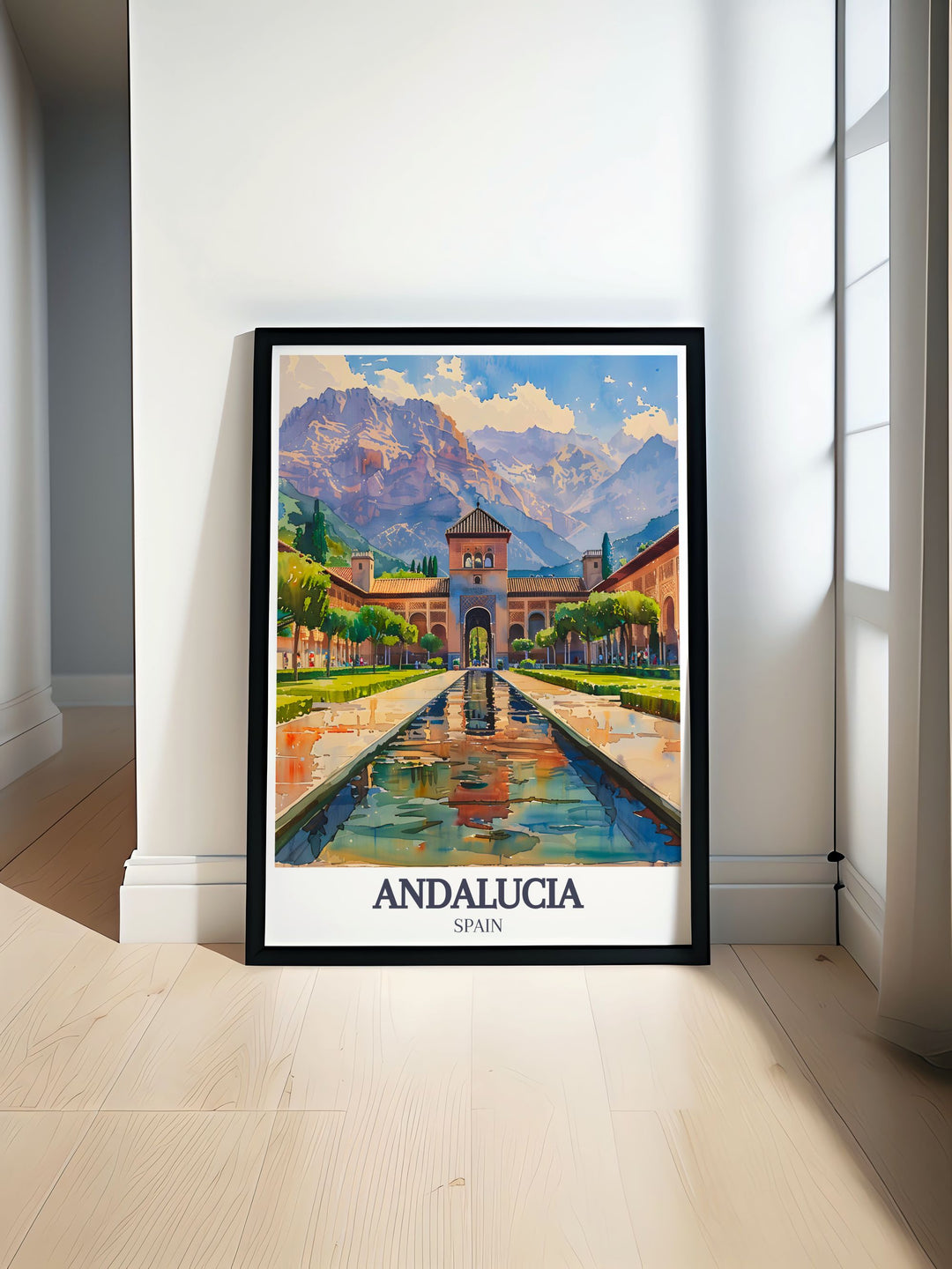The iconic Alhambra Palace and the Sierra Nevada Mountains are brought to life in this detailed travel poster, showcasing their vibrant colors and stunning landscapes, perfect for any room in need of historical and natural charm.