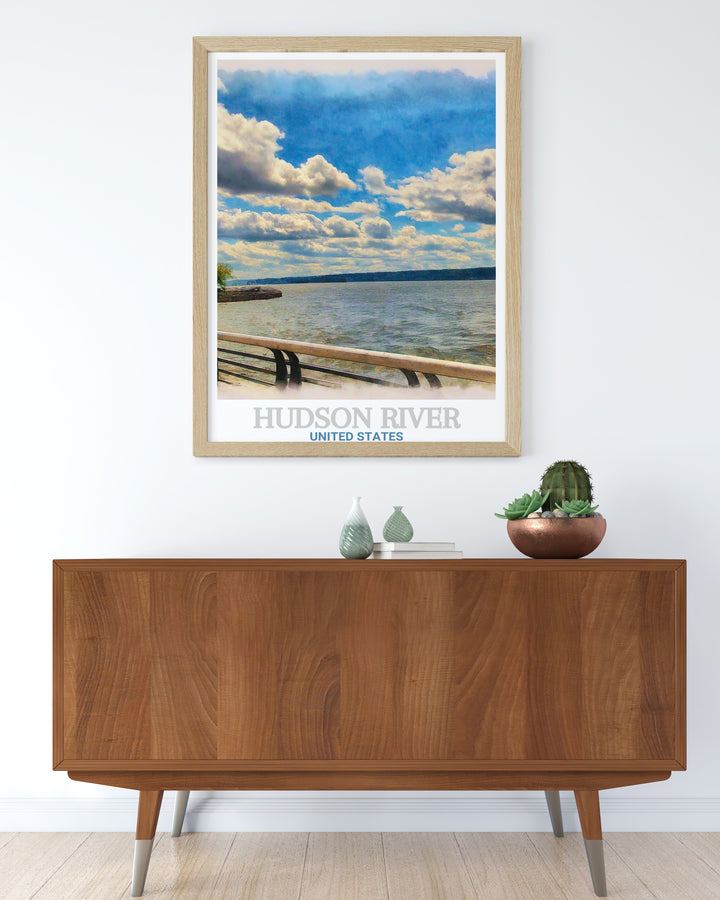 This Hudson River poster print beautifully captures the serene view of the river from the Hudson River Waterfront Walkway. A perfect blend of nature and cityscape, this New York travel print offers a stunning addition to any space.