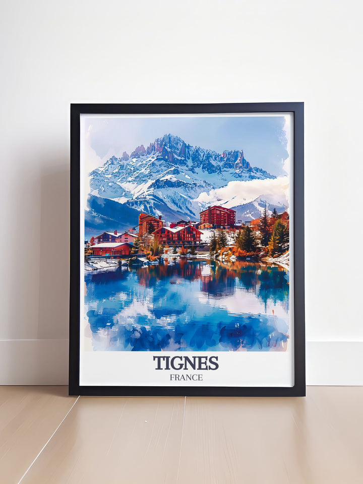 Our Travel Poster Art collection includes beautiful prints of Lac de Tignes showcasing Le Lac village perfect for modern decor and elegant living room settings