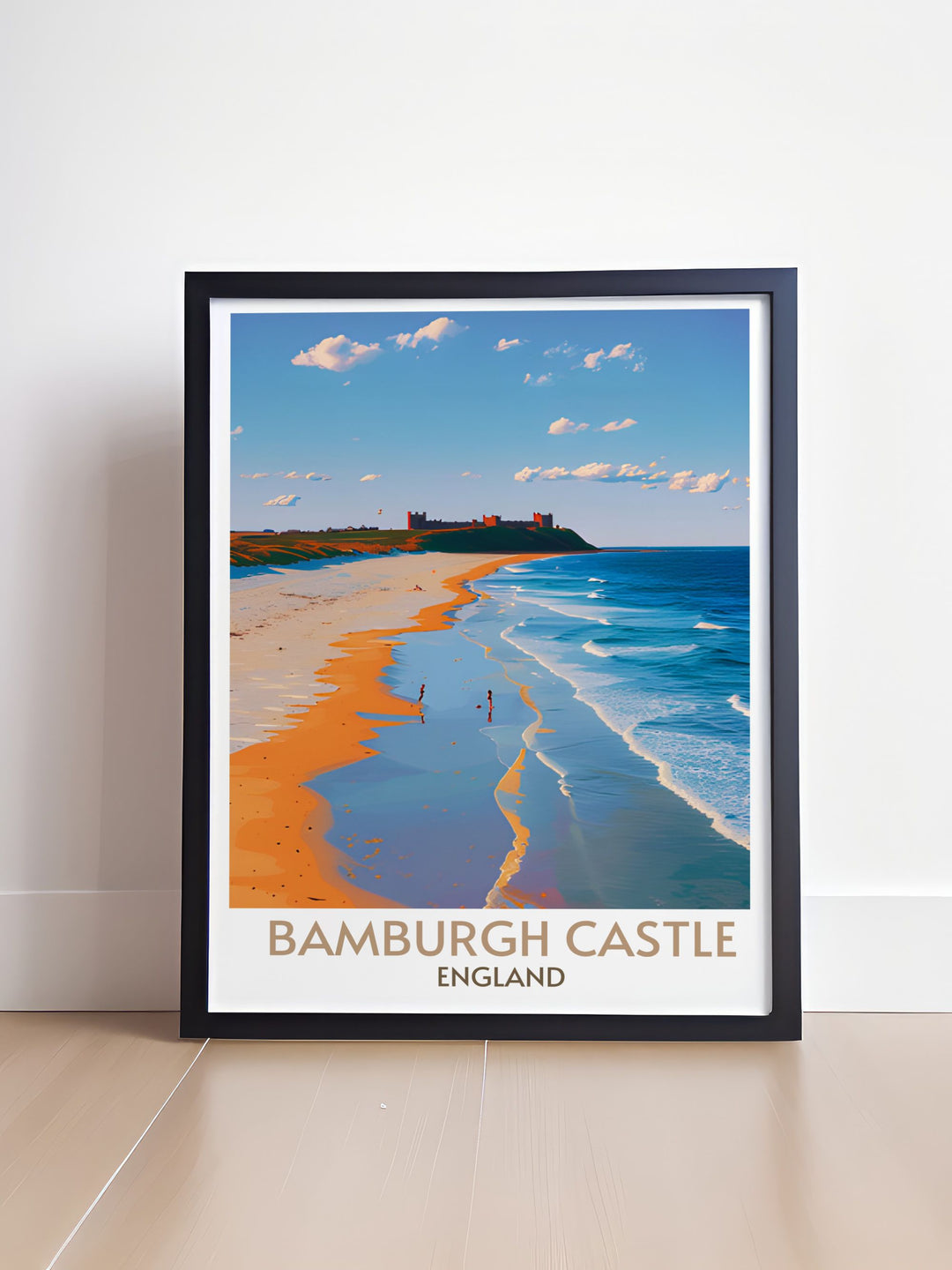 Evocative print of Bamburgh Beach during sunset, showcasing the picturesque landscape and reflective waters, perfect for enhancing any art collection.