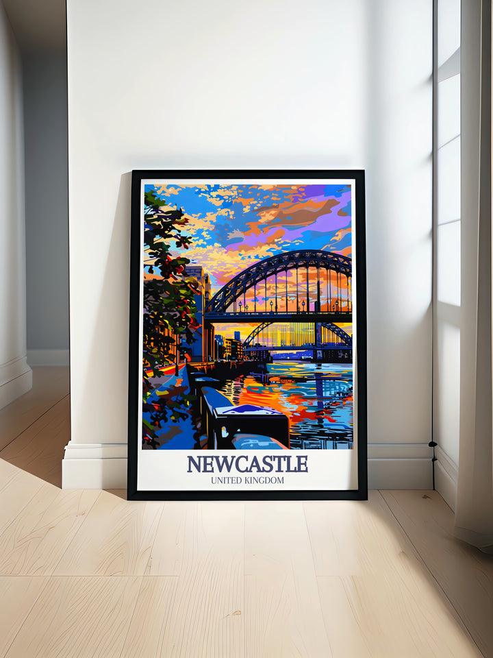 The Newcastle poster highlights the Tyne Bridge and Quayside District in a stunning wall print, offering a vivid representation of these landmarks. This travel poster is a perfect addition to any home decor, ideal for those who appreciate Newcastles rich architectural heritage.