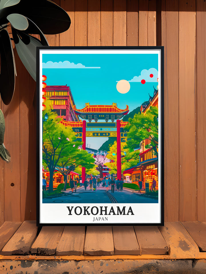 Yokohamas vibrant Chinatown is depicted in this stunning artwork, highlighting the districts rich cultural heritage and lively streets. The print offers a glimpse into the colorful life of one of Japans most famous Chinatowns, making it a perfect piece for anyone who appreciates cultural diversity and urban energy.