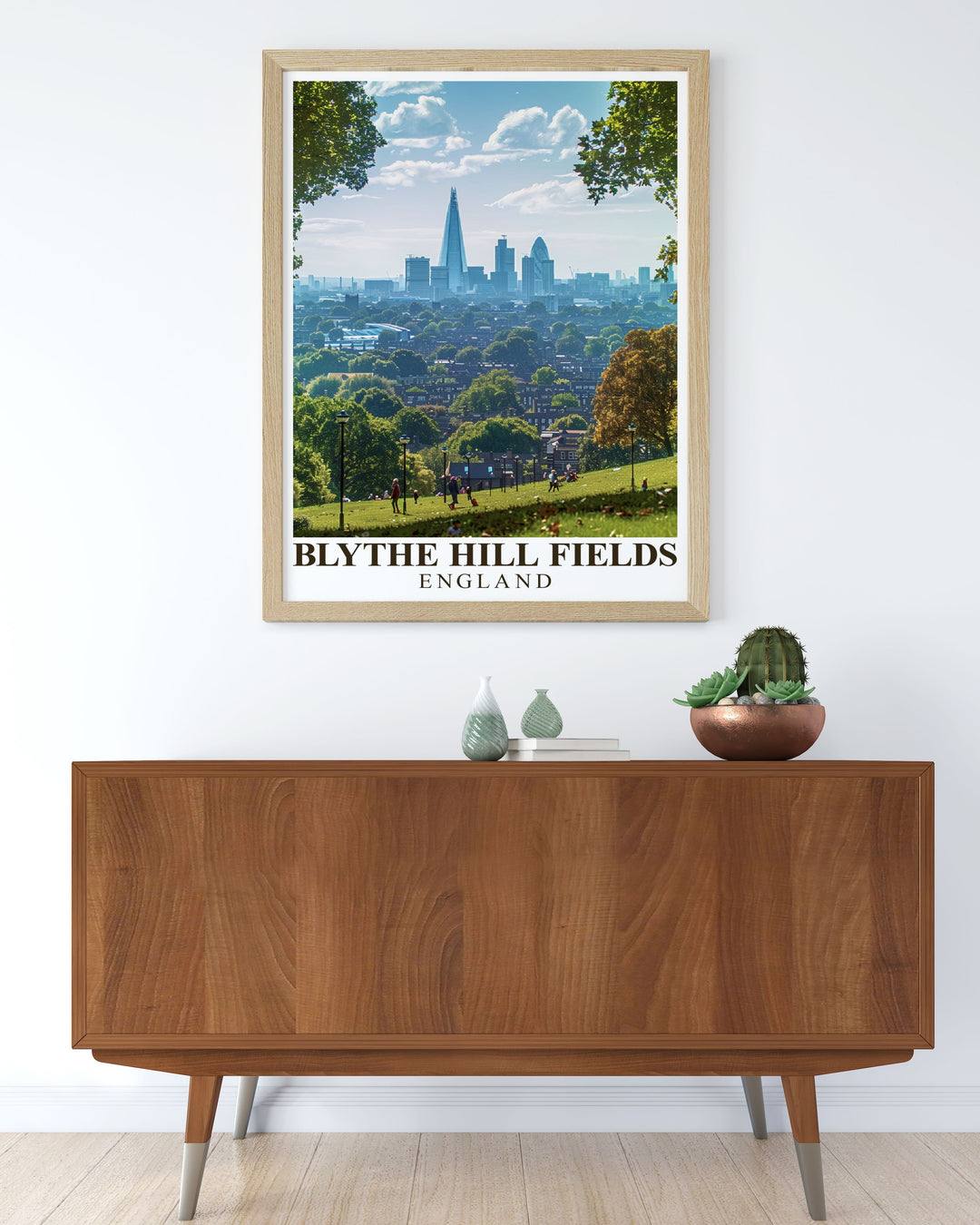The natural beauty of Blythe Hill Fields and the expansive view of Londons skyline are captured in this travel poster, making it an excellent addition to any nature or urban landscape lovers collection.