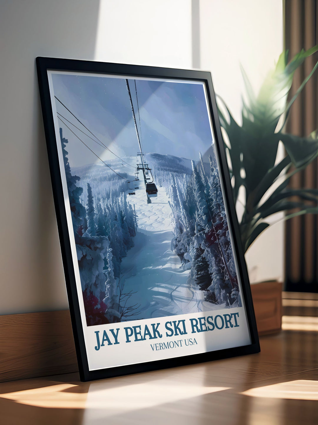 The serene and picturesque vistas of Vermonts Green Mountains are beautifully illustrated in this Jay Peak travel print, ideal for home decor.