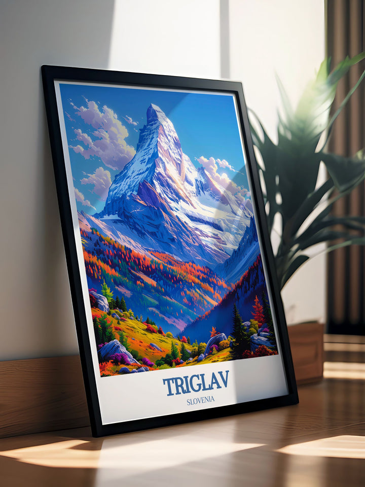 Triglav Peak vintage travel print offering a timeless depiction of Mount Triglav and Lake Bled Slovenia perfect for those who love bucket list prints and want to add a touch of elegance and adventure to their home or office decor.