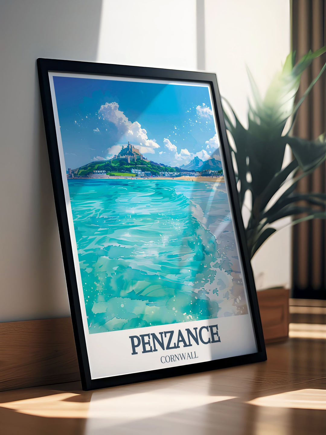 Framed Print of Porthleven Pier and the iconic Mount Bay St Michaels Mount a perfect addition to any collection of Bucket List Prints offering a glimpse into the timeless beauty of Cornish landmarks and historic sites