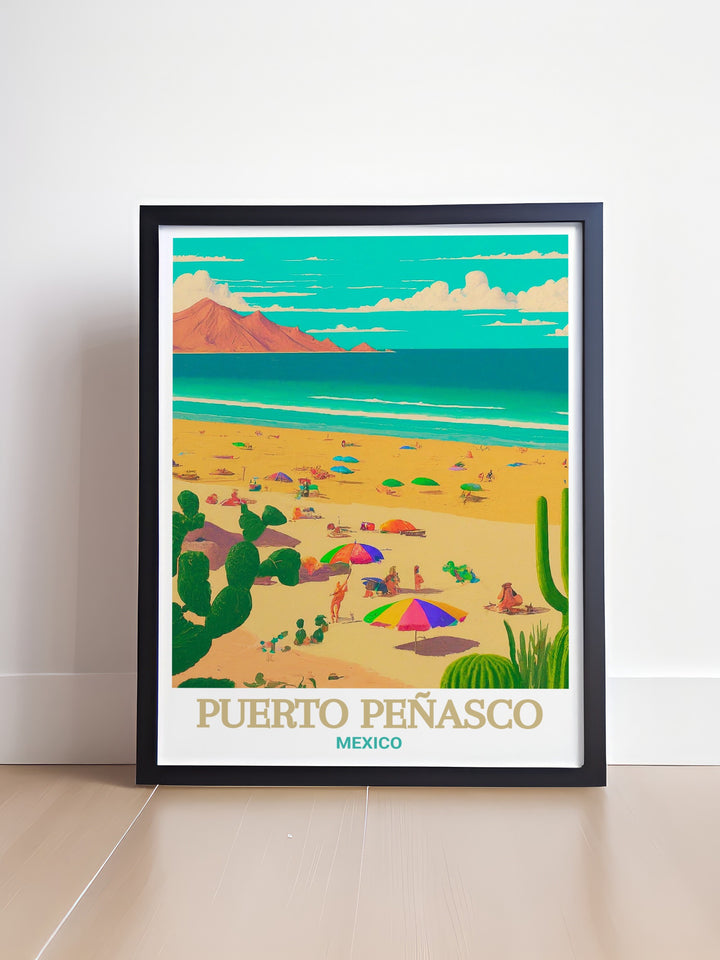 Wall poster of Playa Bonita, capturing the natural beauty of Puerto Peñascos coastline with its golden sands and blue waters. This artwork is a beautiful addition to any home, offering a daily reminder of the peacefulness of the beach.