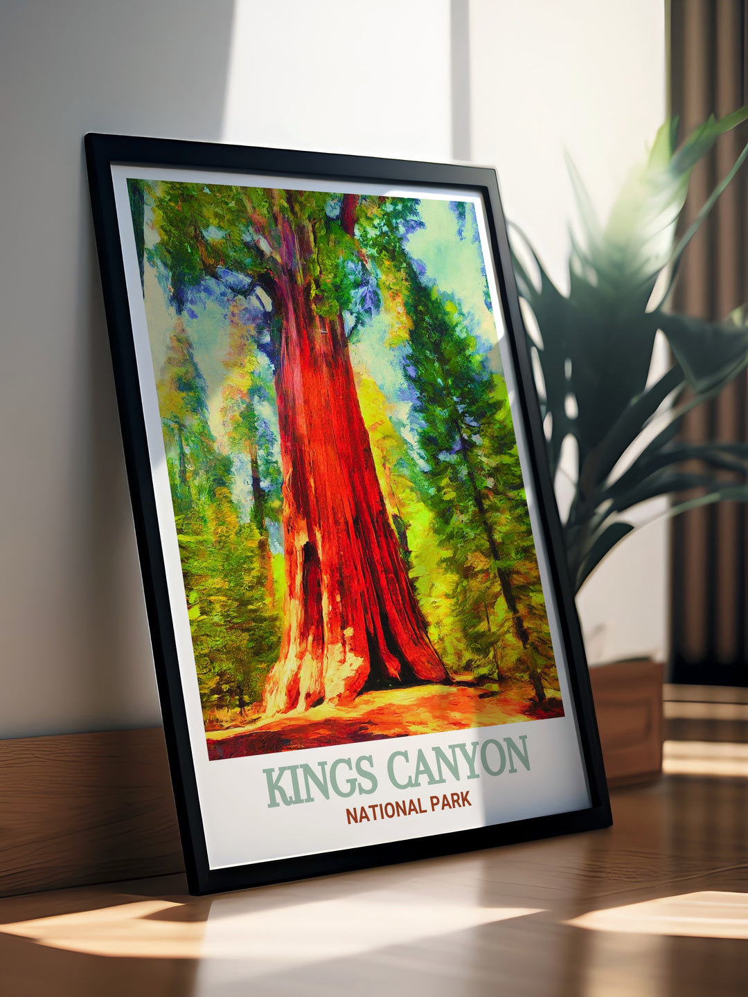 National Park travel poster showcasing the awe inspiring General Grant Tree in Kings Canyon. This wall art celebrates one of natures wonders and invites viewers to experience the calm and grandeur of this remarkable National Park from their own space.