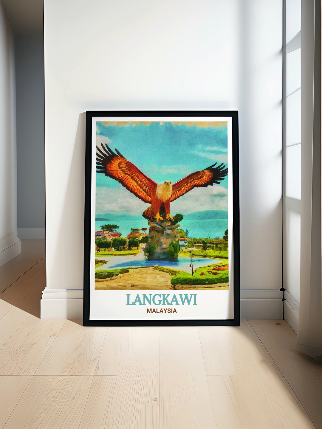 Celebrate Langkawis Eagle Square with this beautifully designed travel poster. Featuring the iconic eagle statue, this print brings the vibrant culture of Malaysia into any space. Perfect for travel enthusiasts or as a striking addition to your home or office decor.