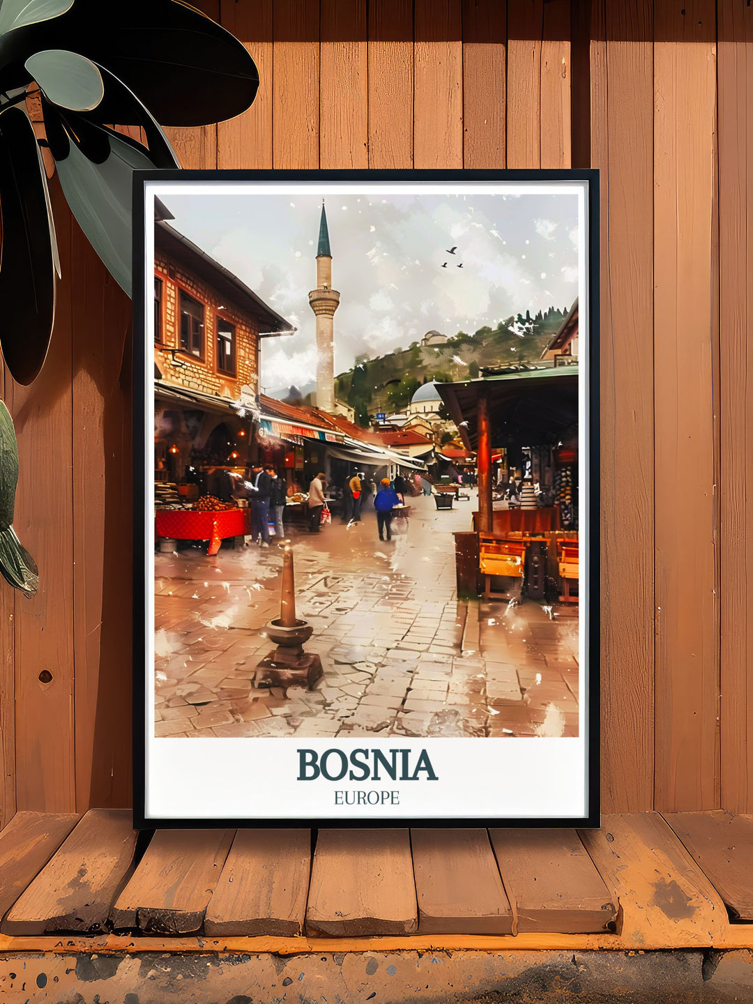 Celebrate Bosnias rich cultural heritage with this Bosnia poster print of Bascarsija, the Old Bazaar, Gazi Husrev beg Mosque. This travel poster print is a perfect representation of Sarajevos vibrant atmosphere and historic significance.