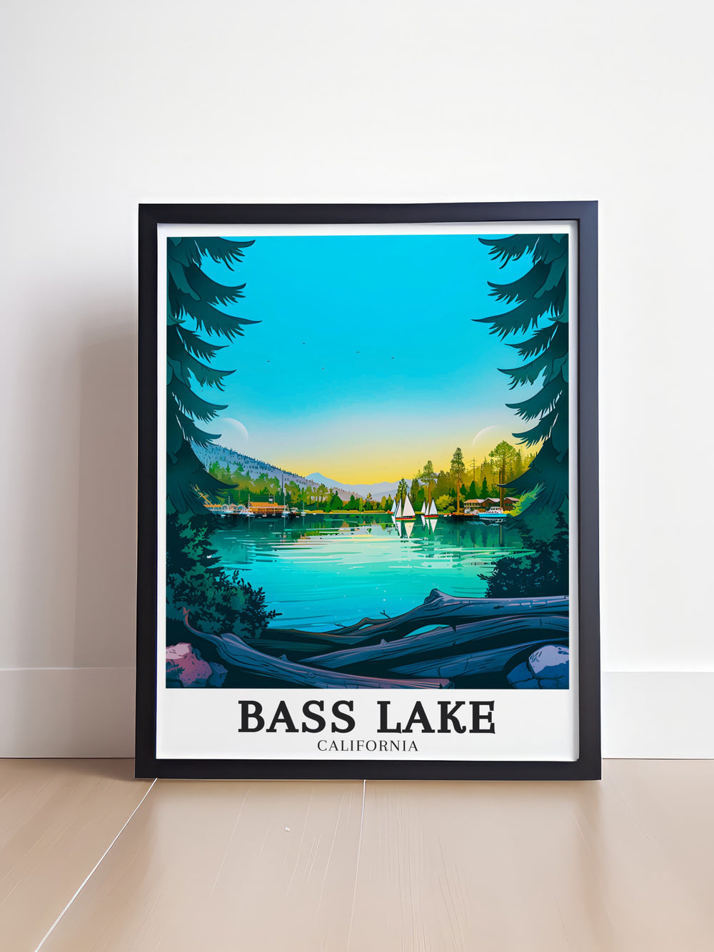 Experience the beauty of Bass Lake California with this vintage travel print highlighting The Pines Resort Sierra Nevada Mountains a stunning wall art piece for any Yosemite California enthusiast bringing the tranquility of nature into your living space.