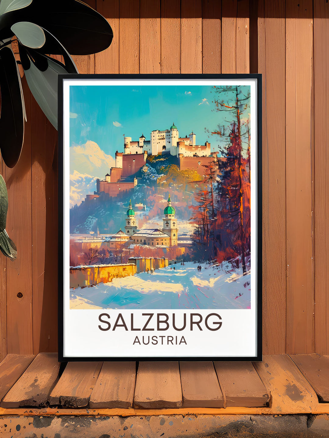 Hohensalzburg Fortress and Zauchensee skiing make for stunning wall art. Perfect for your home decor, this print captures the excitement of skiing and the historical beauty of Salzburg. A unique addition to any travel poster collection.