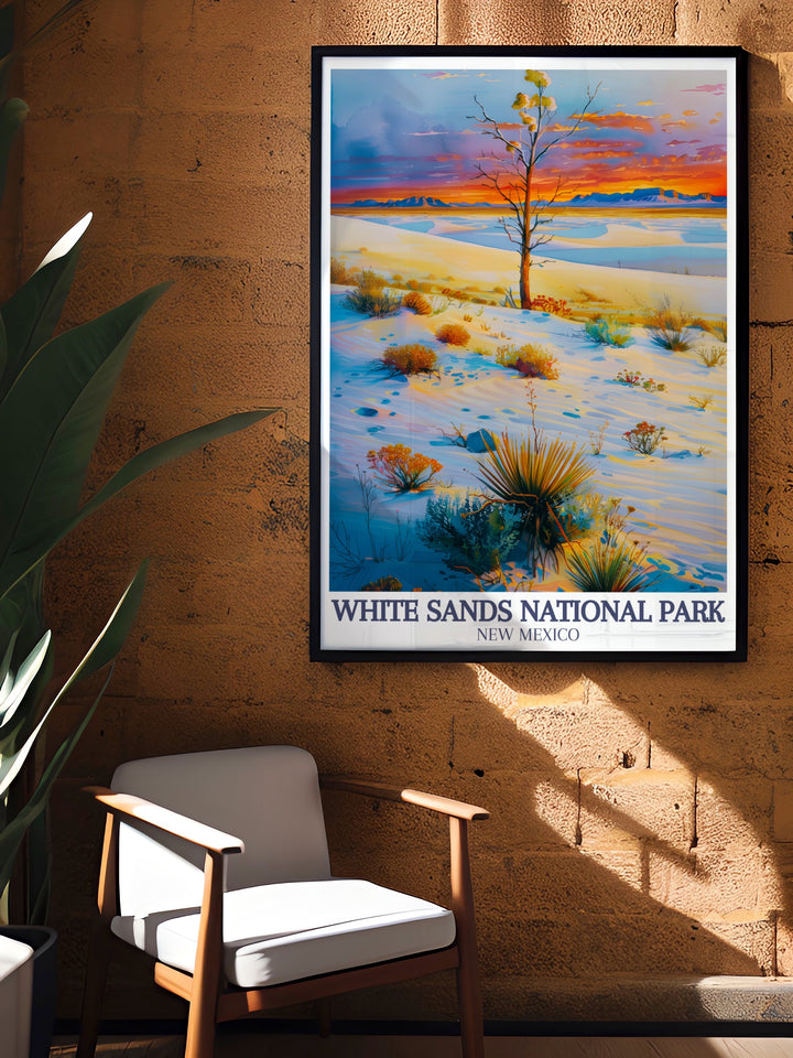 Stunning living room decor with White Sands poster showcasing the majestic San Andres Mountains and the beautiful Chihuahuan Desert a perfect addition to any modern home decor and a great gift for national park enthusiasts.