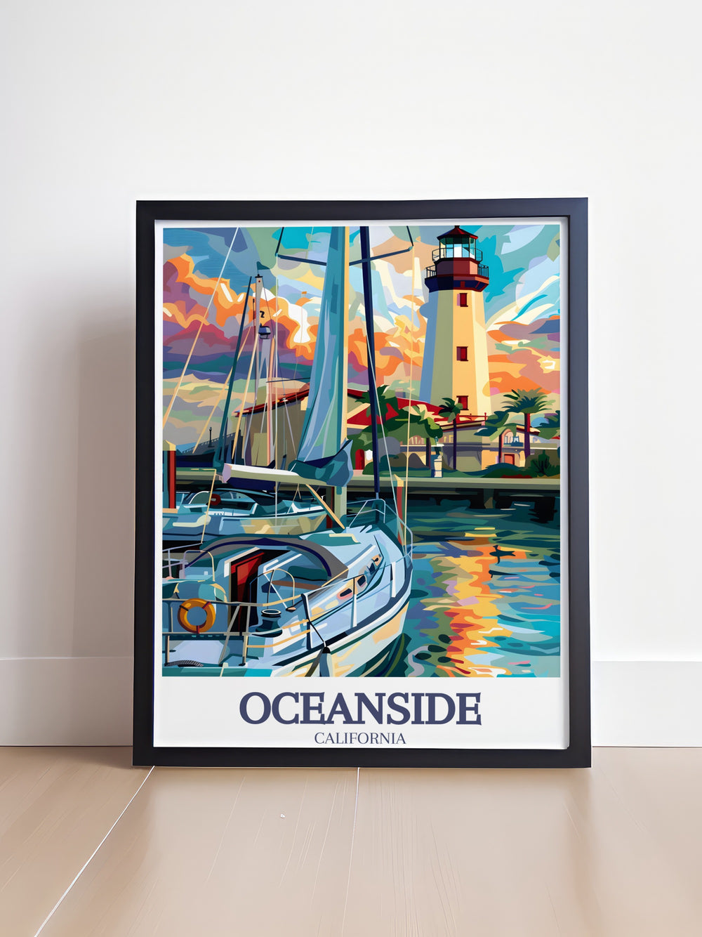 Oceanside Harbor Lighthouse poster featuring the iconic lighthouse against a tranquil harbor backdrop ideal for adding a touch of California charm to your walls and making a thoughtful gift for California lovers