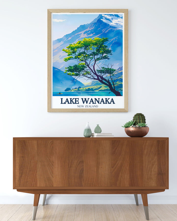 Exquisite Lake Wanaka travel print showcasing the iconic lake wanaka tree in Mount Aspiring National Park Perfect for adding elegance and tranquility to your home decor