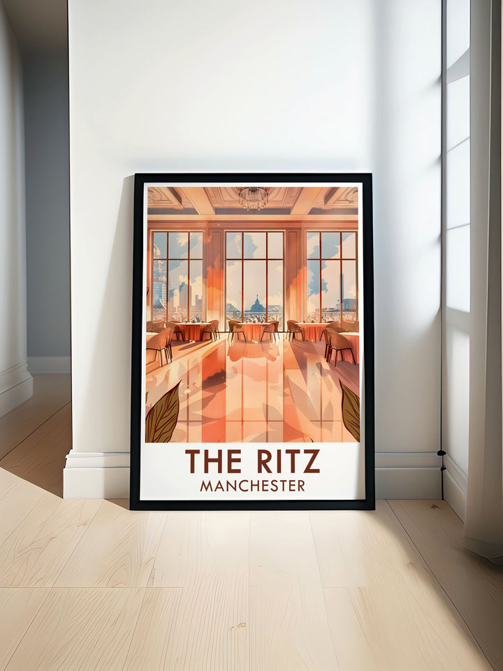 Featuring the grand ballroom of The Ritz Manchester, this art deco print brings a piece of the citys vibrant music history into your home. The posters vintage style and detailed illustration make it a great addition to any space or a thoughtful gift for art lovers.