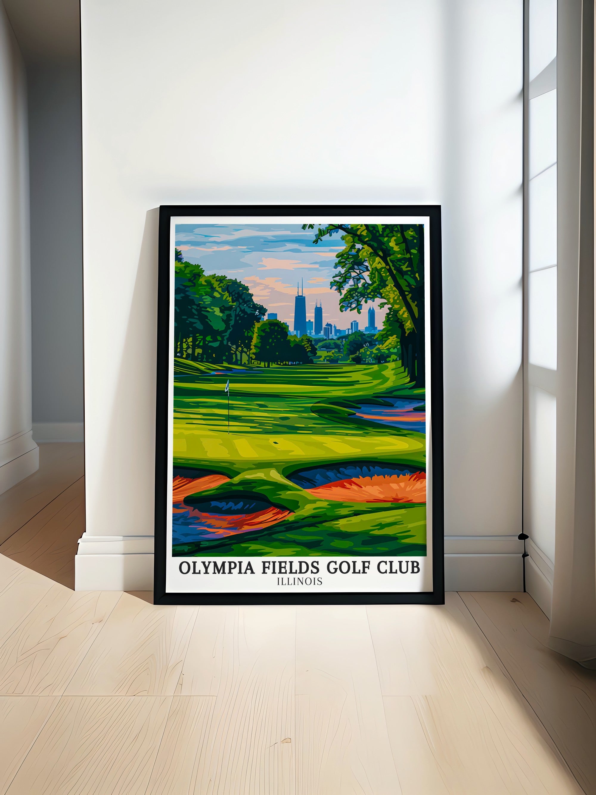 Golf course print collections featuring multiple framed golf art styles and premium canvas golf artwork displayed in designer interior settings