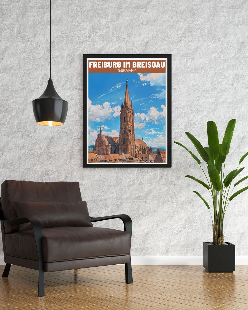 Freiburg Minster framed print showcases the breathtaking details of this historic cathedral surrounded by the serene beauty of Freiburg Im Breisgau a great addition to any Germany travel art collection or home gallery.