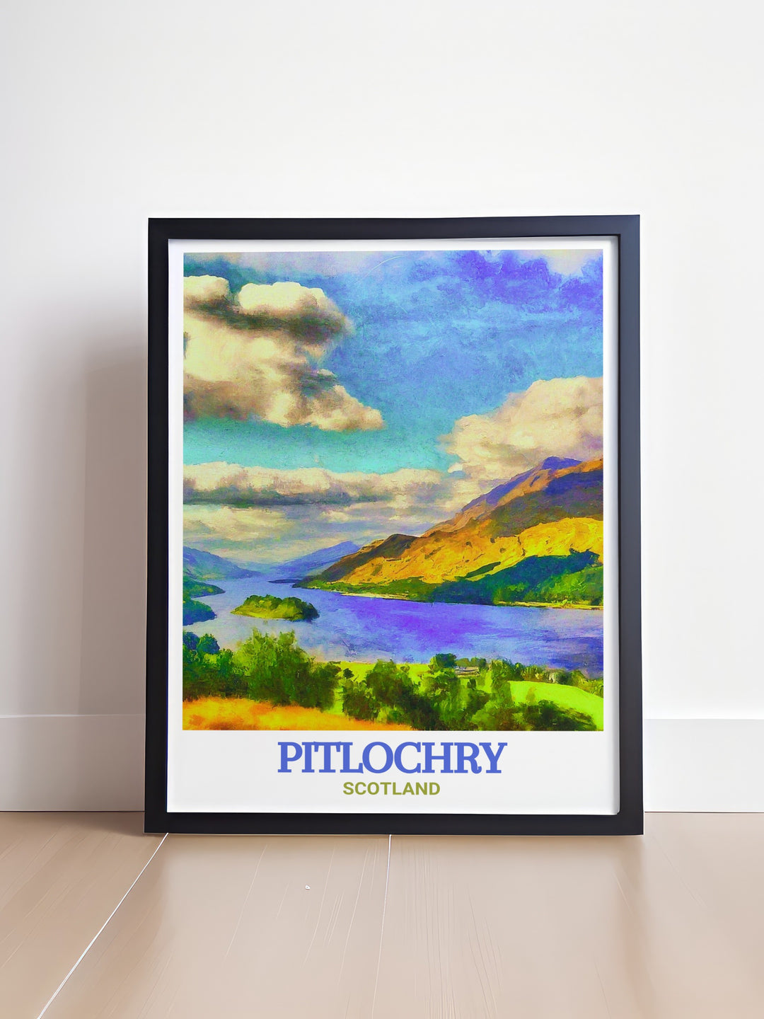 Queens View wall art depicting the iconic Scottish vista, where the stunning views over Loch Tummel and the Grampian Mountains are perfectly framed. This framed art piece is ideal for those who appreciate the natural beauty of Scotland, making it a unique addition to any room.